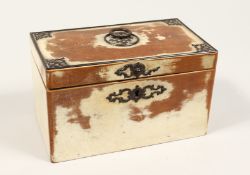 A GEORGIAN PAINTED WOOD TWO-DIVISION TEA CADDY with metal mounts, handles and escutcheon. 8ins