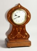 A GOOD EDWARDIAN MAHOGANY INLAID MANTLE CLOCK on bun feet. 12ins high.