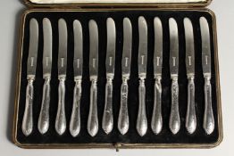 A SET OF 12 SILVER HANDLED CASED FRUIT KNIVEs.