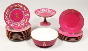 A GOOD QUALITY MANSAR OF PARIS PART DINNER SET, with pink ground, comprising 5 plain plates with