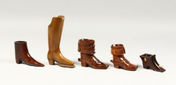 FIVE VARIOUS TREEN BOOTS