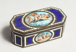 A GOOD SILVER AND ENAMEL BOX, blue body with white, with three ovals of cupids Import mark