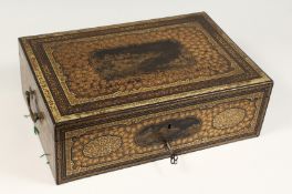 A SUPERB QUALITY REGENCY CHINOISERIE CASED SEWING BOX with very good quality lacquer panels, the top