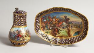 A SUPERB SEVRES PORCELAIN EWER AND OVAL DISH, blue ground painted with a battle scene, BAYARD