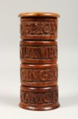 A FOUR TIER SPICE HOLDER, carved with acorns, allspice, nutmeg, ginger & lemon. 6.5ins high