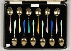 A GOOD SET OF 12 DAVID ANDERSON OF NORWAY, SILVER AND ENAMEL CASED COFFEE SPOONS, Circa.1900
