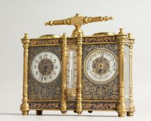 A SUPERB 19TH CENTURY FRENCH BRASS AND ENAMEL DOUBLE CARRIAGE CLOCK, the front with clock and