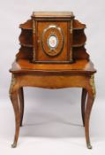 A LATE 19TH CENTURY FRENCH KINGWOOD, ROSEWOOD AND ORMOLU BONHEUR DU JOUR, the upper section with