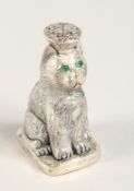 A WHITE METAL SEATED CAT PERFUME BOTTLE