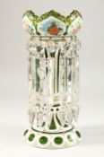 A GOOD LARGE VICTORIAN BOHEMIAN GREEN AND GILT GLASS GOBLET WITH WHITE OVERLAY LUSTRE, with 10 prism