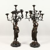 CHARLES CUMBERWORTH (1811 - 1852) ENGLISH A SUPERB PAIR OF BRONZE STANDING CLASSICAL FIGURES holding