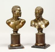 A SUPERB PAIR OF REGENCY BRONZE BUSTS OF AFRICAN FIGURES on bronze and wooden bases 11ins high