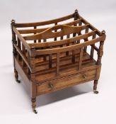 A MAHOGANY CANTERBURY, EARLY/MID 20TH CENTURY, with four divisions, a single drawer on turned legs