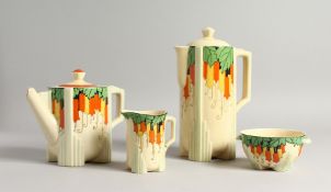 A ROYAL DOULTON ART DECO PART TEA SERVICE decorated in the manner of Clarice Cliff, comprising tea
