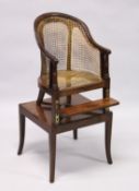 A CHILDS 19TH CENTURY MAHOGANY BERGERE ARM CHAIR, on stand 3ft high overall