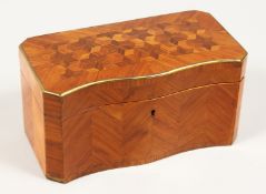 A 19TH CENTURY FRENCH KINGWOOD SERPENTINE-FRONTED TWO DIVISION TEA CADDY with Van Dyck pattern