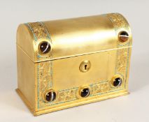 A GOOD 19TH CENTURY FRENCH BRASS DOMED SHAPED CASKET, inset with agate pieces opening to reveal a