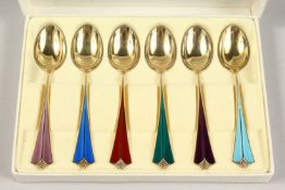A GOOD SET OF 6 DAVID ANDERSON OF NORWAY, SILVER AND ENAMEL CASED COFFEE SPOONS Circa 1950