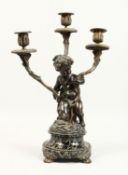 A GOOD 19TH CENTURY FRENCH LOUIS XVIII DESIGN, BRONZE AND ORMOLU, THREE LIGHT CANDELABRAS with cupid