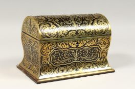 A 19TH CENTURY FRENCH BOULLE DOMED TOP STATIONARY BOX, with fitted interior 9ins wide.