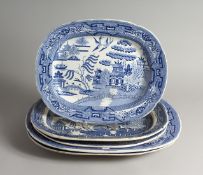 FIVE WILLOW PATTERN OVAL MEAT PLATES Largest 18ins long