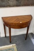 A GOOD GEORGE III SATINWOOD DEMI LUME FOLDING TOP CARD TABLE on tapering legs. 2ft 8ins wide.