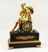 A SUPERB 19TH CENTURY FRENCH BRONZE AND GILT BRONZE CASE CLOCK, the case with a seated classical