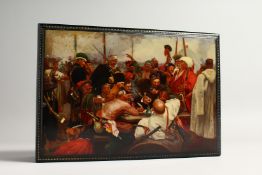 A GOOD RUSSIAN PAPIER MACHE BOX, the top painted with a scene, 10ins long