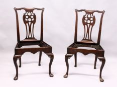 A GOOD PAIR OF GEORGE III MAHOGANY SINGLE CHAIR FRAMES, with carved cupids bow cresting rail,