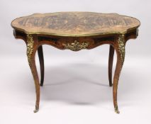 A 19TH CENTURY WALNUT, KINGWOOD AND ORMOLU MOUNTED CENTRE TABLE, with a quarter veneered and