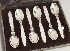 A GOOD SET OF 6 GEORG JENSEN CACTUS PATTERN SILVER CASED COFFEE SPOONS
