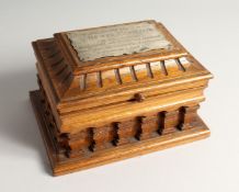 AN OAK CASKET with a silver plaque, OTTO VON BISMARCK, and paper label, ST AATLICHES MUSEUM. 9ins