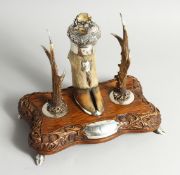 A FINE SCOTTISH SILVER MOUNTED HOOF, ANTLER AND WOOD DESK SET , the hoof with silver mounts, the