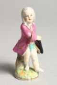 A SMALL BERLIN PORCELAIN FIGURE OF A BOY holding a tricorn hat. sceptre mark 3ins high.