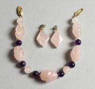 A ROSE QUARTZ AND AMETHYST BRACELET AND EARRINGS