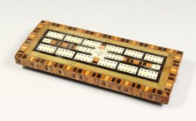 A GOOD MASONIC INLAID AND CROSSBANDED CRIB BOARD 12.5ins long