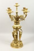 A SUPERB 19TH CENTURY FRENCH GILT BRONZE TABLE CANDELABRA, the base as three cranes holding five