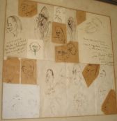 [CARICATURES] a collage of early 20th c. ink caricatures, one bearing the name Jules Romanis, framed