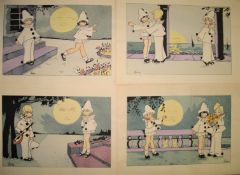 LENA, artist, 4 colour prints of clown children, 20 x 29cms, unframed (4)