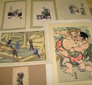 [ASIAN ART] misc. prints & artwork, incl. 2 Chinese pith or rice-paper paintings (6)