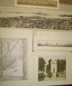 ETCHINGS, a group of 20th c. Continental etchings, incl. a panorama of Luzern, unframed