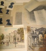 collection of 19th c. cut SILHOUETTE PORTRAITS, a 16th c. architectural print, etc. (Q)