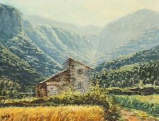 Ruiz, 20th Century Spanish School, a stone homestead in a valley, oil on canvas, signed, 10.5 x 13.