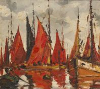 George Richard Deakins (1911-1982) British, sailboats drying their sails, oil on canvas, signed,