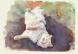Mita Higton (b. 1945) Tumbling Cat , watercolour, signed and dated 2008 , 11 x 8.25 .