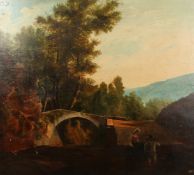 Figures and a donkey conversing before a bridge with mountains beyond, oil on panel, 34 x 38