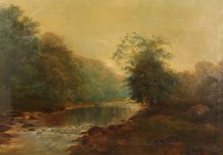 19th Century English School, a tree lined river landscape, oil on canvas, signed with initials M.