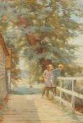 Charles Haigh-Wood (1854-1927). Children on a bridge with trees beyond, watercolour, signed, 19