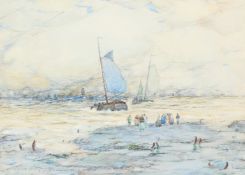 Robert McGowan Coventry (1855-1914) Scottish, figures on a shore waiting for fishing boats to