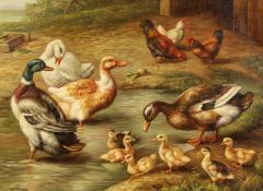 H. Hooper, A scene of chickens and ducks in a farm setting by a pond, oil on board, signed, 12 x